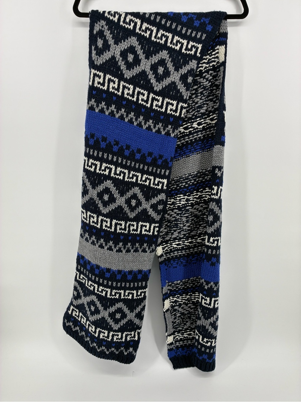 Vintage 50% Wool Blend Blue, Gray & Black Fair Isle Knit Scarf